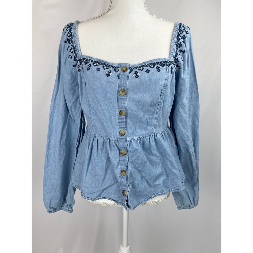 Aeropostale Women XL Blue Embroidered Babydoll Peasant Top Long Sleeves Boho